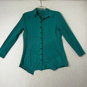 Neon Buddha Shirt‎ Sz M thermal mixed media button up turquoise blue raw seams